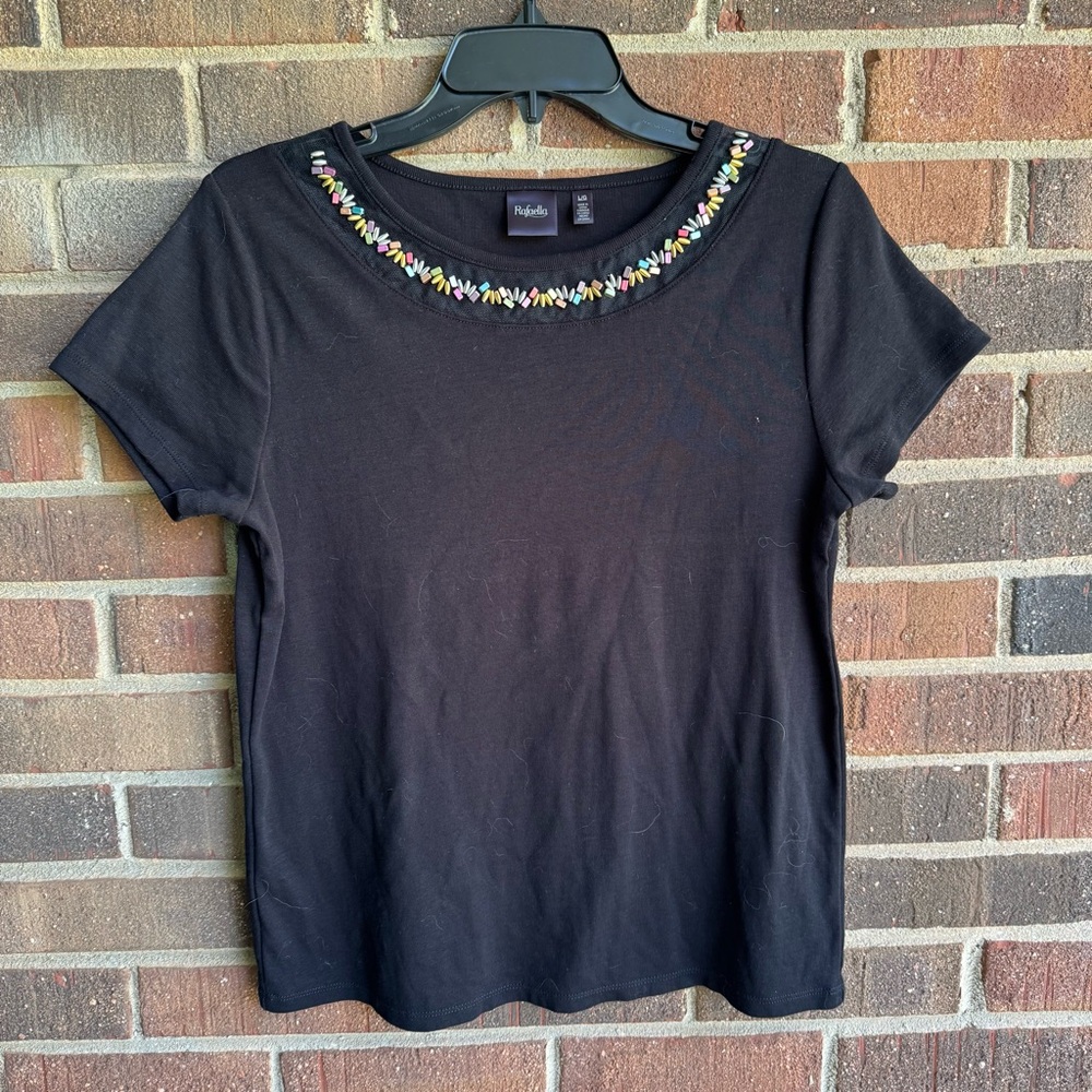 Black beaded mesh Neckline Tee shirt